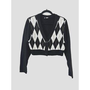 Womens Dark Academia Cropped Argyle Cardigan S Black White Grunge Y2K Oversized